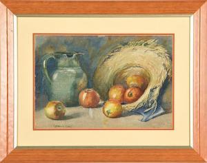 EARLE Cornelia 1863,STILL LIFE OF APPLE IN STRAW HAT AND PITCHER,Charlton Hall US 2010-12-03