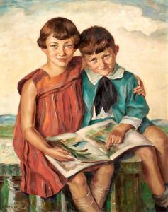 EBERHARD Marie 1897-1975,Geschwisterpaar blättert in einem Buch,1929,Zeller DE 2024-04-04