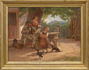EBERLEIN Otto 1827-1896,Familienidyll mit Mädchen im Spiel mit einem Dacke,1869,Schloss 2020-02-29
