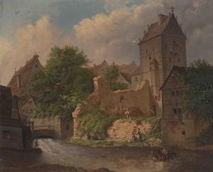 EBERT Carl 1821-1885,Ansicht einer Stadt mit Turm,Schuler CH 2021-06-16