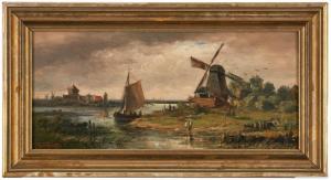 EBERT Carl 1821-1885,Niederländische Kanallandschaft mit Windmühlen,Dobritz DE 2021-11-13