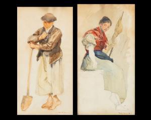 EBNER Lajos Deak 1850-1934,Girl with Gussall, Boy with a Pipe,Pinter HU 2023-02-01