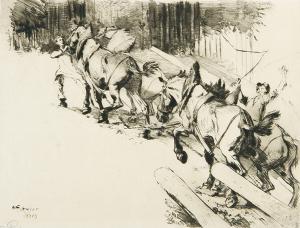 ECKENER Alexander 1870-1944,Arbeiter mit Pferden beim Holztransport,1919,Winterberg Arno 2022-10-22