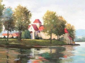 EDE Kanayo 1900-2000,RED ROOFED MONASTERY BY A RIVER,Sloans & Kenyon US 2007-04-22