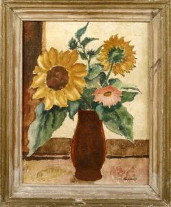 EDELHOFF Albin 1887-1974,Sonnenblumen in brauner Vase vorm Fenster,Mehlis DE 2008-08-29