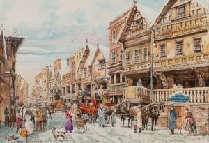 Eden Brian 1900-1900,Street scene, bygone times with mail coach and figures,Capes Dunn GB 2020-01-28