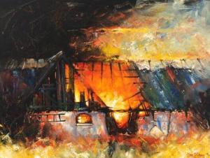 EDSBERG Soren 1945,A burning farm,1974,Bruun Rasmussen DK 2018-05-22