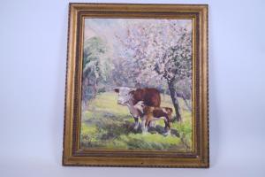 EDWARDS Mary Ellen Freer 1839-1910,Hereford cow and calf under a blossoming ,Crow's Auction Gallery 2017-06-07