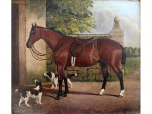 EGGLESTON W 1882,A SADDLED BAY HORSE WITH TWO SPANIELS IN A YARD,1882,Lawrences GB 2017-07-14