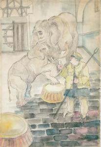 EHMSEN Heinrich, Heinz 1886-1964,Zirkuswärter mit Elefanten,1929,Lehr Irene DE 2023-10-28