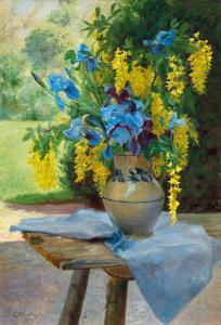 EHRENBERGER Ella 1874,A Floral Bouquet with Irises and Laburnum,1909,Palais Dorotheum AT 2022-02-22