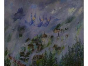 EHRLICH BETTINA,Three angels above a mountain town possibly Wengen,1977,Capes Dunn 2012-10-23