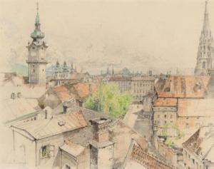EIDENBERGER Josef 1899-1991,Above the roofs of Linz,Palais Dorotheum AT 2022-04-20