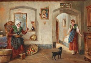 EISERMANN Richard,Interior with girl, dog and apple peeling woman,Bruun Rasmussen 2020-12-21