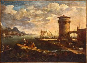 EISMANN Johann Anton,A coastal landscape with a fortress, ships and fig,Palais Dorotheum 2023-06-21