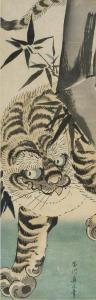 EIZAN Kikugawa Toshinobu,Kakemono-e, a large tiger before bamboo, signed, m,Christie's 2004-10-28