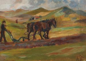 EJSTRUP Kaj 1902-1956,Plowing scene in hilly landscape,Bruun Rasmussen DK 2023-03-21