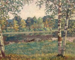 EKLUND Niilo 1894-1931,Moored boat in a tranquil wooded river landscape,1930,Rosebery's 2007-12-11