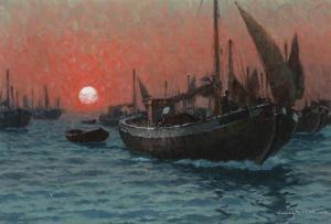 EKMAN Emil 1880-1951,Seascape with fishingboats at sunset,Bruun Rasmussen DK 2020-09-28