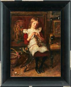 EKWALL Emma 1838-1925,Interiör med flicka som stickar,Uppsala Auction SE 2023-08-15