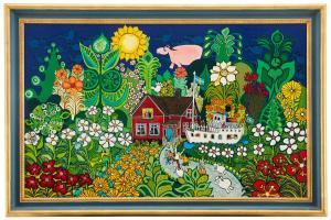 ELDE Bengt 1939-2015,Hus och båt i blomstrande landskap,1974,Uppsala Auction SE 2022-02-15