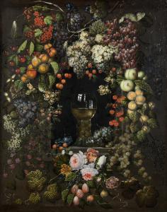 ELLINGER Ottmar 1666-1732,A  
roemer  
 in a garland of fruit and flowers,Bonhams GB 2014-12-03
