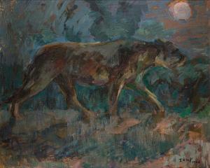 ELOFF Zakkie 1925-2004,Stalking Lioness in the Moonlight,1968,Strauss Co. ZA 2024-04-15