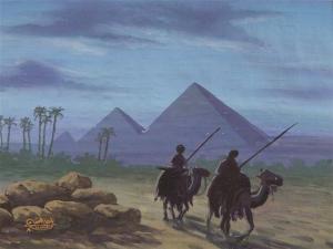 elsham a,Desert scene with pyramids and camels,Mallams GB 2009-11-25