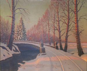 EMANUELOV Victor,a winter landscape with a snow covered bridge at s,Ewbank Auctions 2019-11-28