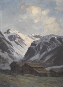 EMERICH Erwin 1876-1960,Alphütten vor vergletscherter Berglandschaft,1934,Dobiaschofsky 2012-05-12