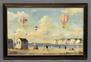EMILE BOLLEE 1800-1900,French beach with hot air balloons,Wiederseim US 2020-02-29