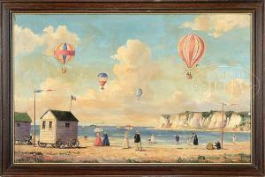 EMILE BOLLEE 1800-1900,FRENCH SEASIDE VIEW WITH HOT AIR BALLOONS,James D. Julia US 2017-08-16