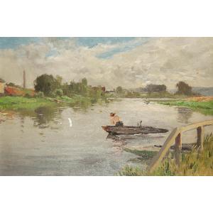 EMILE VAUTHIER 1864-1946,Paysage, bords de rivière femme en rose dans un barque,Tajan FR 2019-09-25