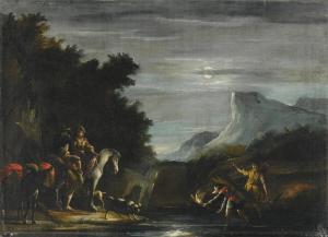 EMILIAN SCHOOL,A MOONLIT SCENE WITH TRAVELLERS CROSSING A STREAM,Sotheby's GB 2012-07-05