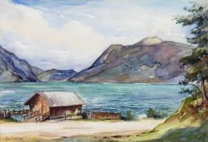 ENDERS Richard 1894-1973,Seenlandschaft mit Fischerhütte in den Alpen,1962,Zeller DE 2019-11-27