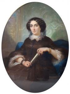 ENGALIERE Marius,Portrait de Madame à l'éventail; Portrait de Monsi,1856,Bayeux Encheres 2023-04-08