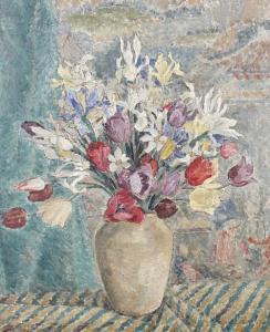 ENGLISH Grace 1891-1956,Mixed flowers on striped tablecloth,1943,Bonhams GB 2011-07-19