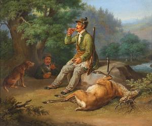 ENS Karl 1802-1865,Zwei rastende Jäger mit Hund beim erlegten Hirsch,Engel DE 2024-12-21