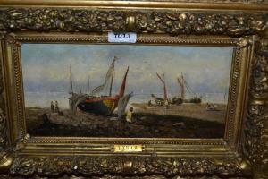 ERICH L,coastal scene with figures and beached fishing boa,Lawrences of Bletchingley 2017-06-06