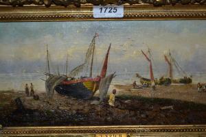 ERICH L,Coastal scene with figures and beached fishing boa,Lawrences of Bletchingley 2016-11-29