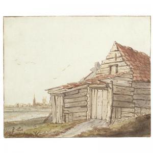 ERKELENS Anthonie 1774-1804,A WOODEN BARN ON THE EDGE OF A VILLAGE, A WINDMILL,Sotheby's 2009-01-28