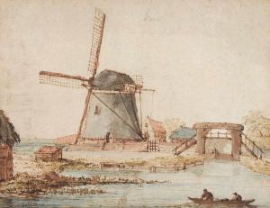 ERKELENS Anthonie 1774-1804,Riviergezicht met molen en vissers in een bootje,Zeeuws NL 2018-12-06