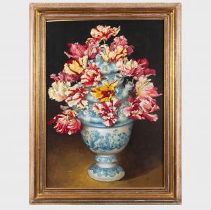 ESCOFET JOSE 1930,Parrot Tulips in Blue & White Delft Vases,1991,Stair Galleries US 2024-01-23