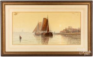 ESSIG George Emerick,harbor scene with two sailboats anchored off the c,Pook & Pook 2023-02-10