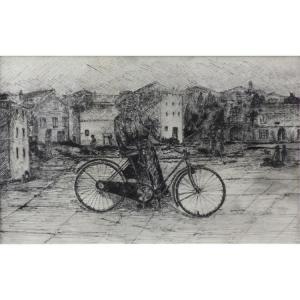 EUROPEAN SCHOOL,Man with Bike/Street Scene,Kodner Galleries US 2016-11-16