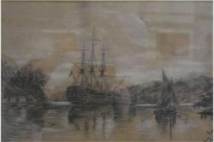 EVANS Mary Paige 1900-1900,War Ship and Hulk in an Estuary,1901,Gilding's GB 2015-05-12