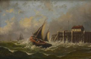 EVERARD J.J 1800-1800,Fishing boat by a harbour,1885,Gilding's GB 2021-08-17