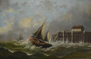 EVERARD J.J 1800-1800,Fishing boat by a harbour,1885,Gilding's GB 2021-03-30