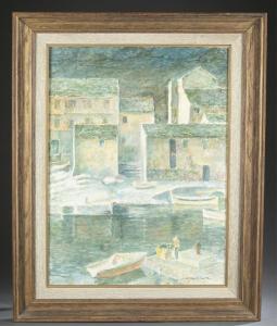 FABRI CANTI José 1910-1994,Untitled Canal with boats in shades of green,Quinn & Farmer US 2018-09-15