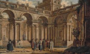 FABRIS Jacopo,A capriccio with noblemen gathering in front of a ,1685,Bruun Rasmussen 2022-09-20
